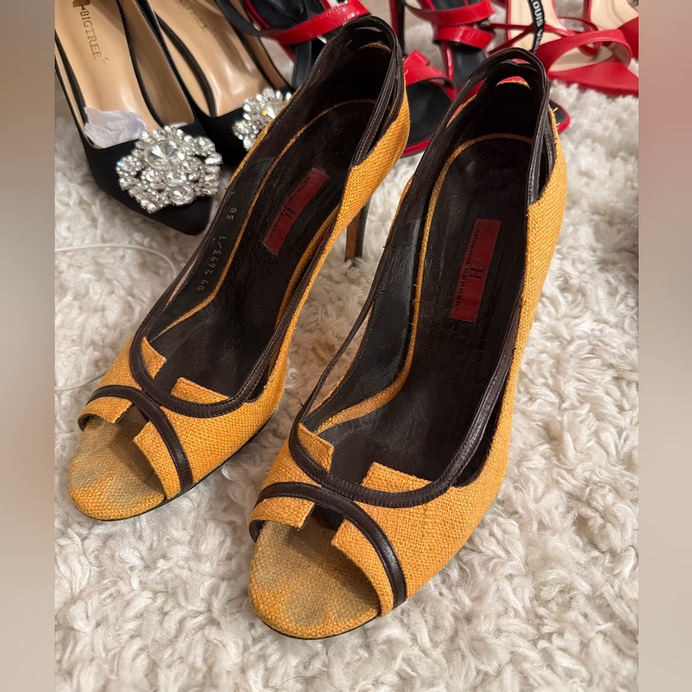 Peep-Toe Yellow Fabric Heels with Brown Trim